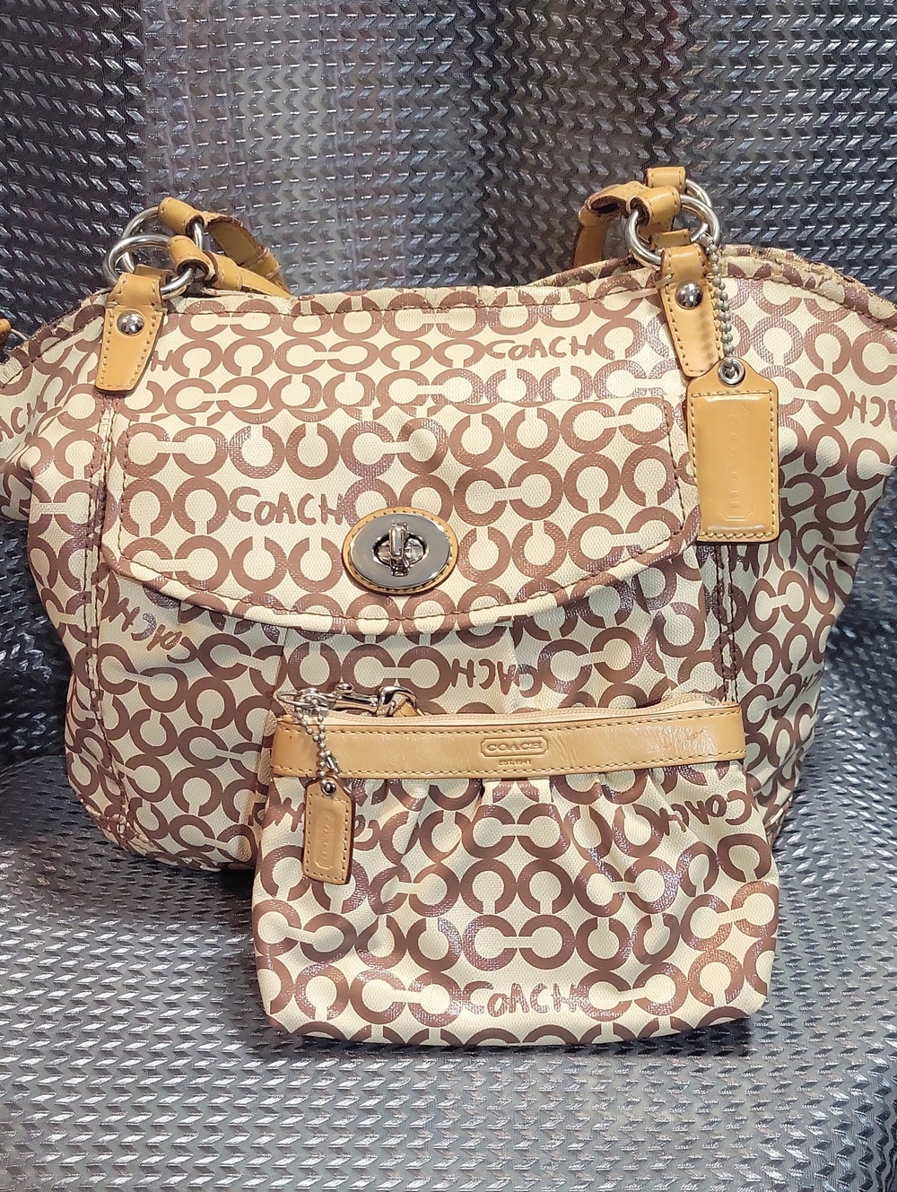 Coach Beige and Brown Signature Canvas Shoulder Bag with Wristlet